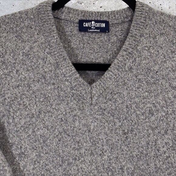 Café Coton Paris Extra Fine Lambswool Mens Sweater Gray Speckled V-Neck Large - Picture 4 of 9